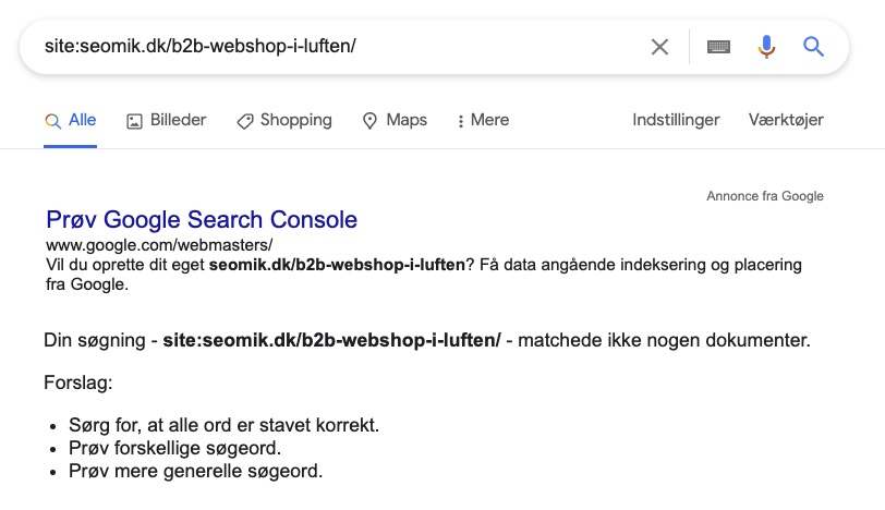 Forsøg Indeksering af nye urls på website